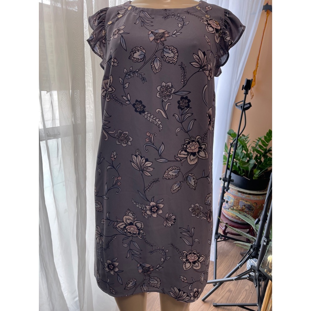 Loft Floral Ruffle Sleeve Shift Dress Purple Gold Button Detail XS